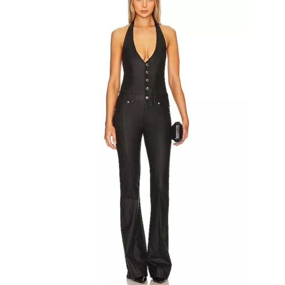 Retrofête Cynthia Jumpsuit Black Coated Flared Leg Retro Revolve Women’s Size S - Picture 1 of 16